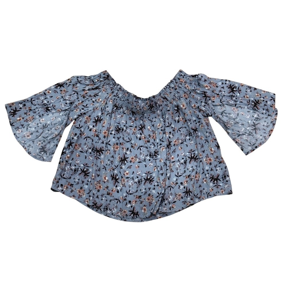 ASTR the Label Blue Floral Smocked Off the Shoulder Bell Sleeve Blouse Large